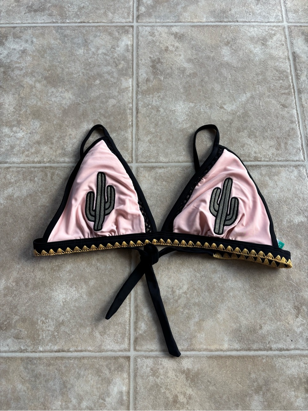 No Boundaries Pink and Black Bikini Top with Gold Trim